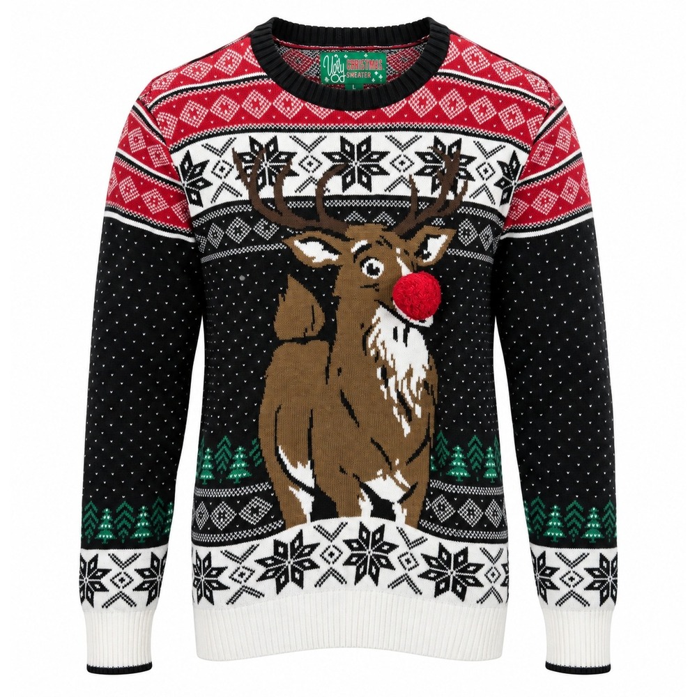 Ugly Christmas Sweater Reindeer 3D Pom Pom Nose Fair Isle‎ Knit Mens Large Black